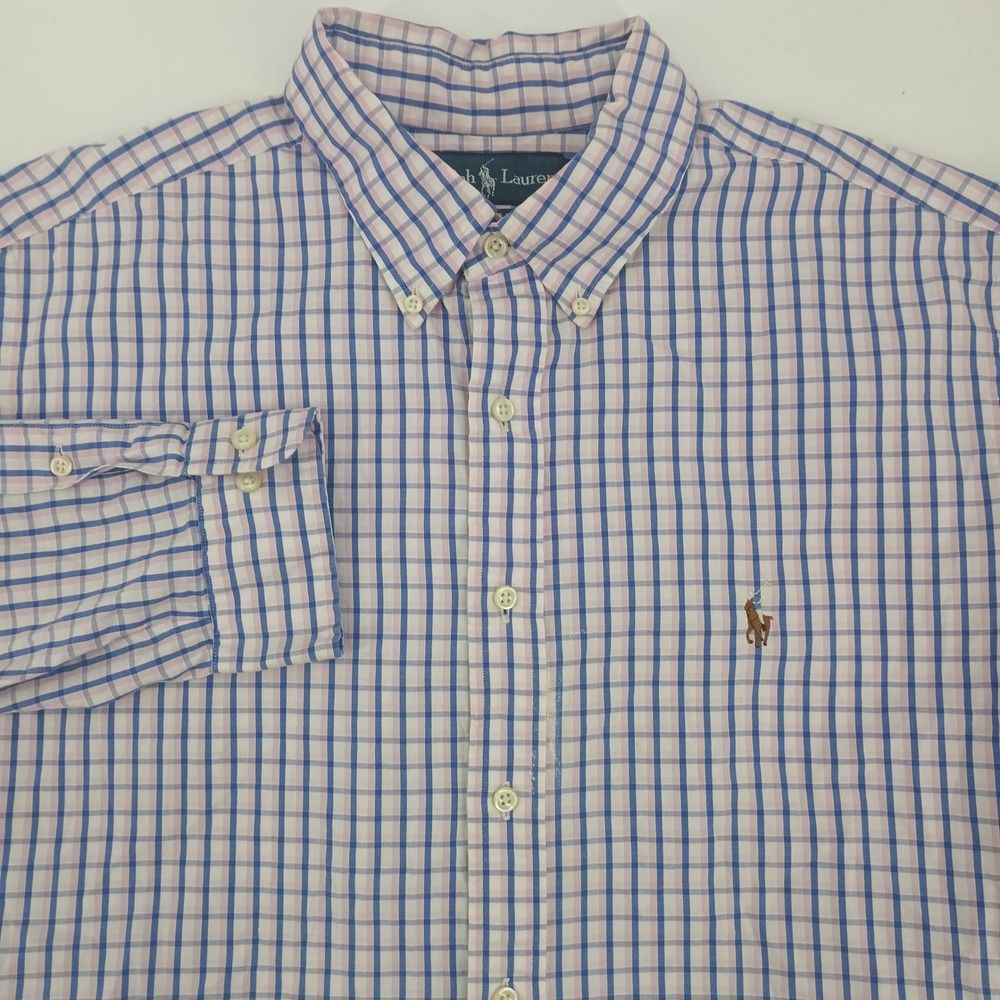 Ralph Lauren Classic Fit Mens 17.5 32/33 Blue Pink Check Button Down Shirt